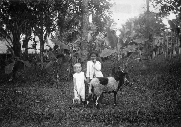 File:COLLECTIE TROPENMUSEUM Een Nederlands jongetje en Indonesisch meisje poseren bij een schaap in een tuin TMnr 60050112.jpg