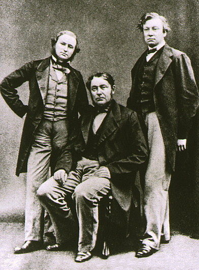 Gustav Kirchhoff (left) and Robert Bunsen (centre) discovered caesium with their newly invented spectroscope.