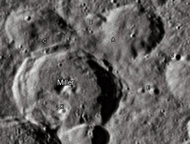 Miller crater and its satellite craters taken from Earth in 2012 at the University of Hertfordshire's Bayfordbury Observatory with the telescopes Meade LX200 14" and Lumenera Skynyx 2-1 Miller lunar crater map.jpg