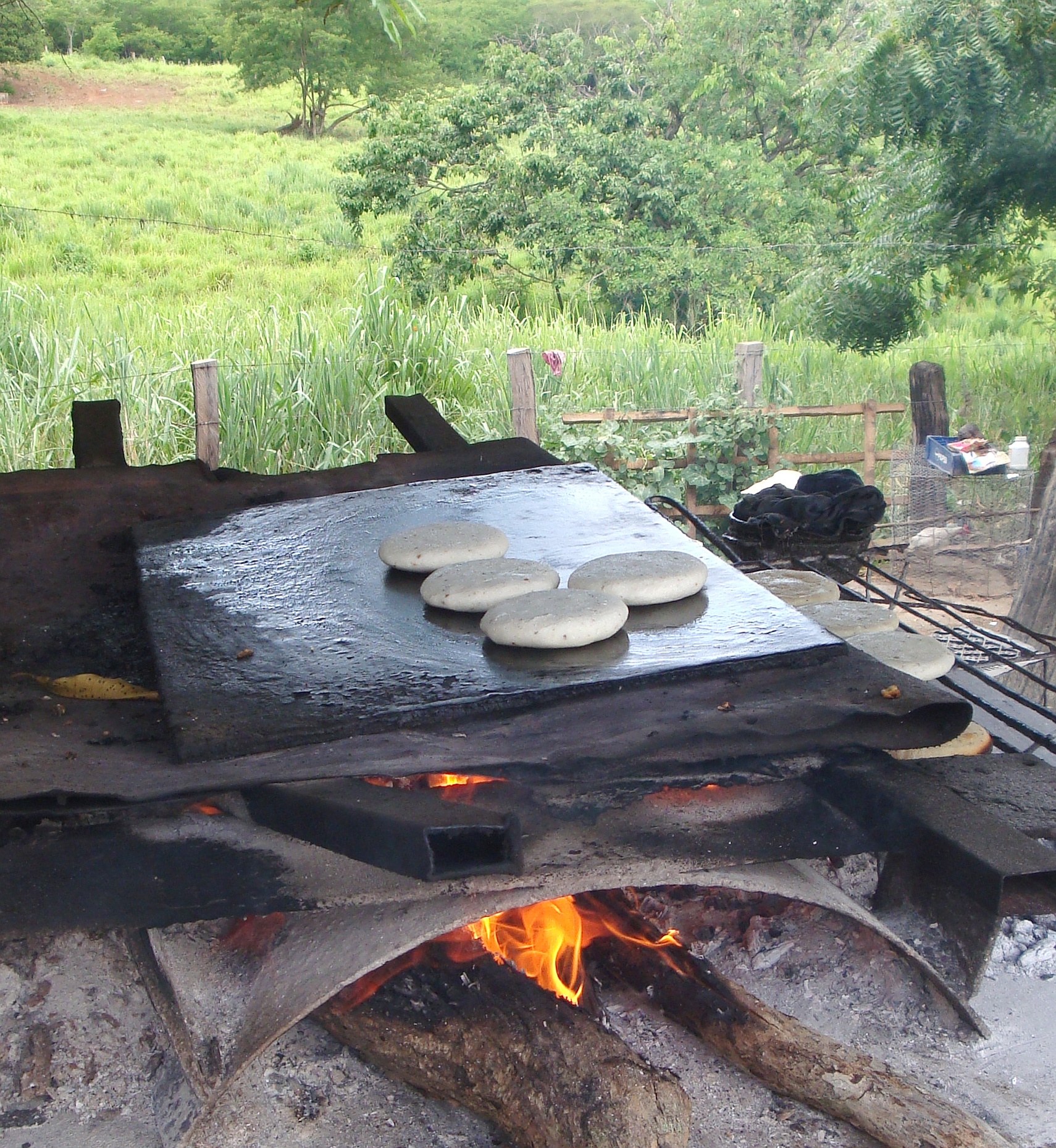 Budare Arepas de maíz pelao, cocinándose en un budare impro…