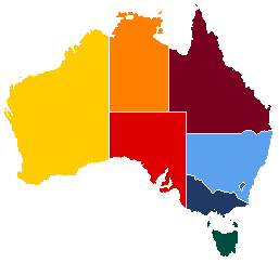Map of Australia with each state shaded in that state's main jumper colour