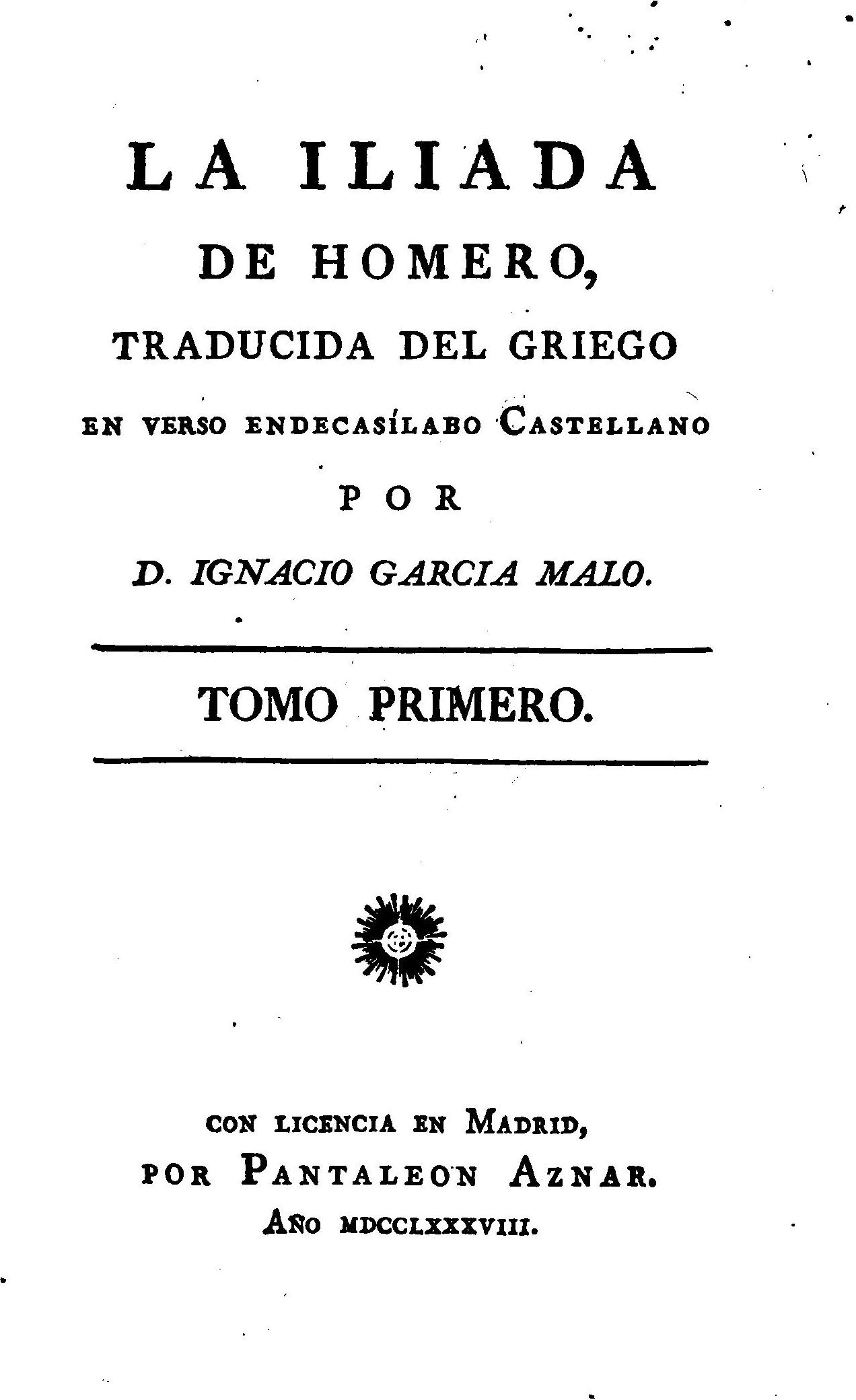 Portada de la traducción de ''La Ilíada'' por Ignacio García Malo (1788).