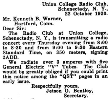 Announcement of weekly programs over amateur station 2ADD (1920)[5]