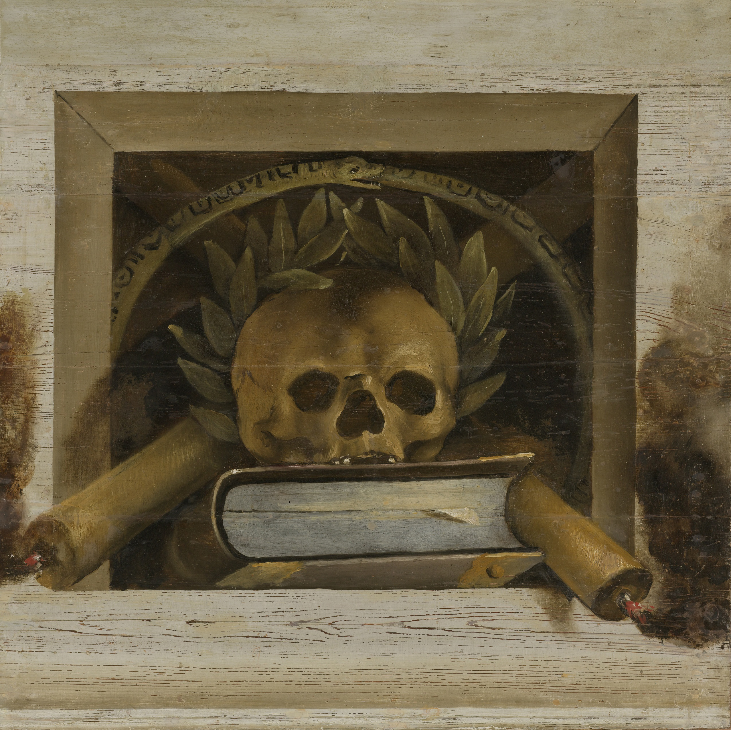 prins Verklaring Watt File:Vanitasstilleven met doodshoofd met een lauwerkrans en twee brandende  kaarsen Rijksmuseum SK-A-4254-3.jpeg - Wikimedia Commons