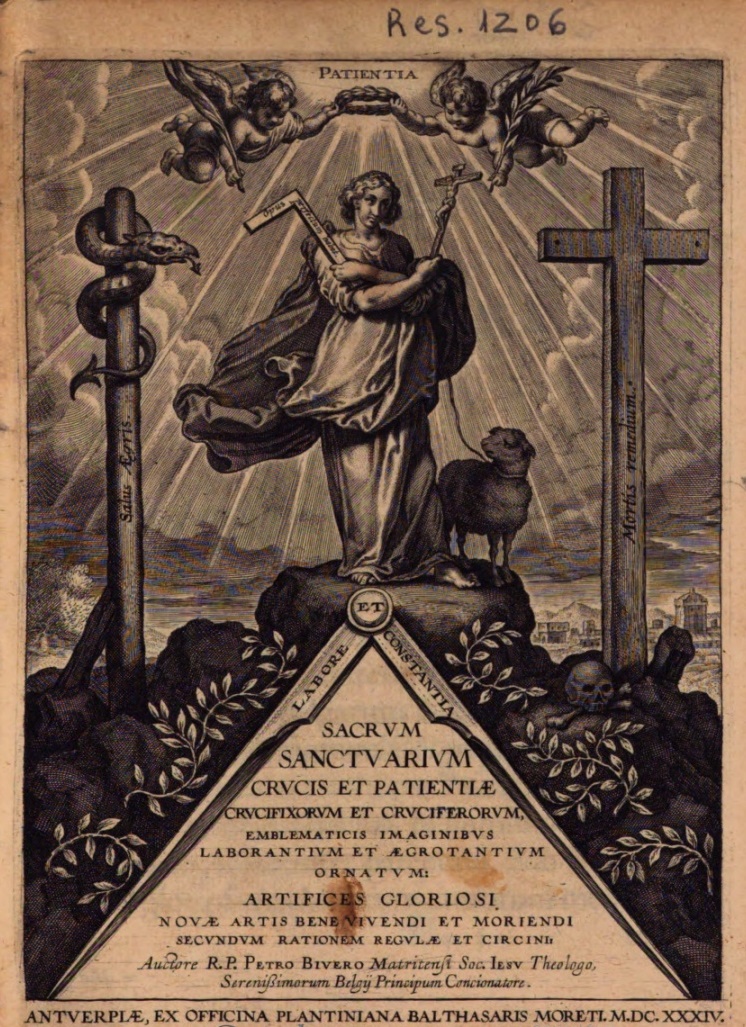 Pedro de Bivero: ''Sacrum sanctuarium crucis et patientiae crucifixorum et cruciferorum, emblematicis imaginibus laborantium et aegrotantium ornatum''..., Amberes, Balthasar Moretus, 1634. Portada calcográfica. Ejemplar de la Universidad Complutense de Madrid.