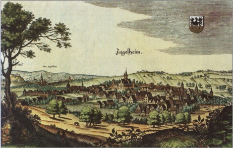 Coloured engraving of Ingelheim, Matthäus Merian, 1645