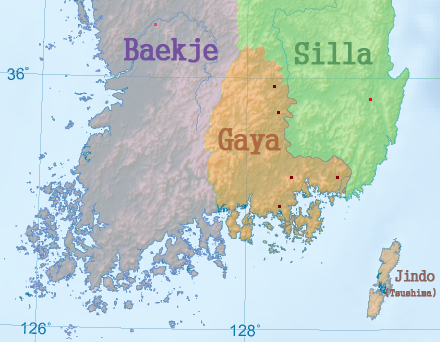 Map showing the approximate location of selected Gaya polities relative to Silla and Baekje