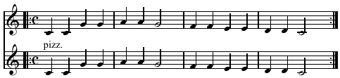 "Twinkle, Twinkle, Little Star" melody doubled in unison. Play (help*info)
clarinet & pizz. violin Twinkle Twinkle in unison.png