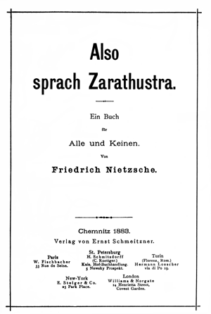 The cover for the first part of the first edition of Thus Spoke Zarathustra.