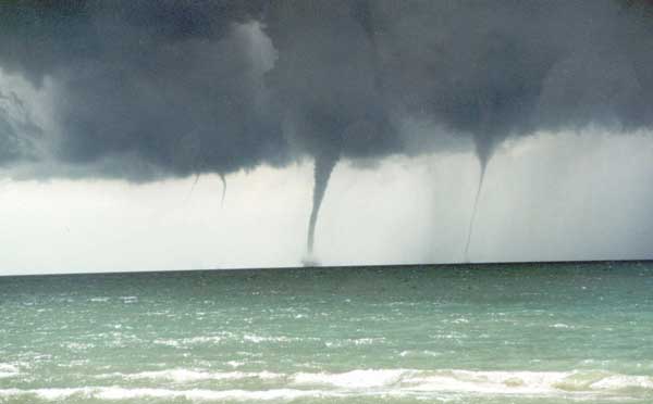 A family of four waterspouts seen on the Great Lakes (Lake Huron) on 9 September 1999.