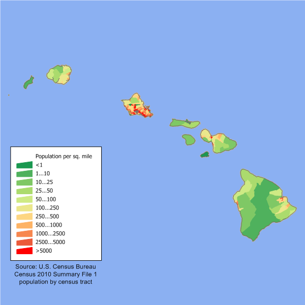 מפת צפיפות אוכלוסין של הוואי עם חלוקה למחוזות. מעודכן על סמך נתוני מפקד האוכלוסין של 2007
