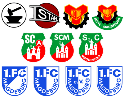 De verschillende logos die over de jaren zijn gebruikt door 1. FC Magdeburg en haar voorlopers