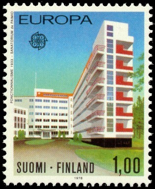 A 1978 Finnish postage stamp,  depicting the 1933 Paimio tuberculosis sanatorium,  designed by Alvar Aalto.