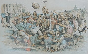 President Harrison political cartoon: What can I do when both parties insist on kicking?, Judge magazine, 1889 Harrison Football Political Cartoon.jpg