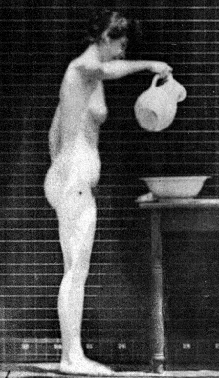 Animation of nude woman (side view) pouring water from a jug into a bowl on a table,
