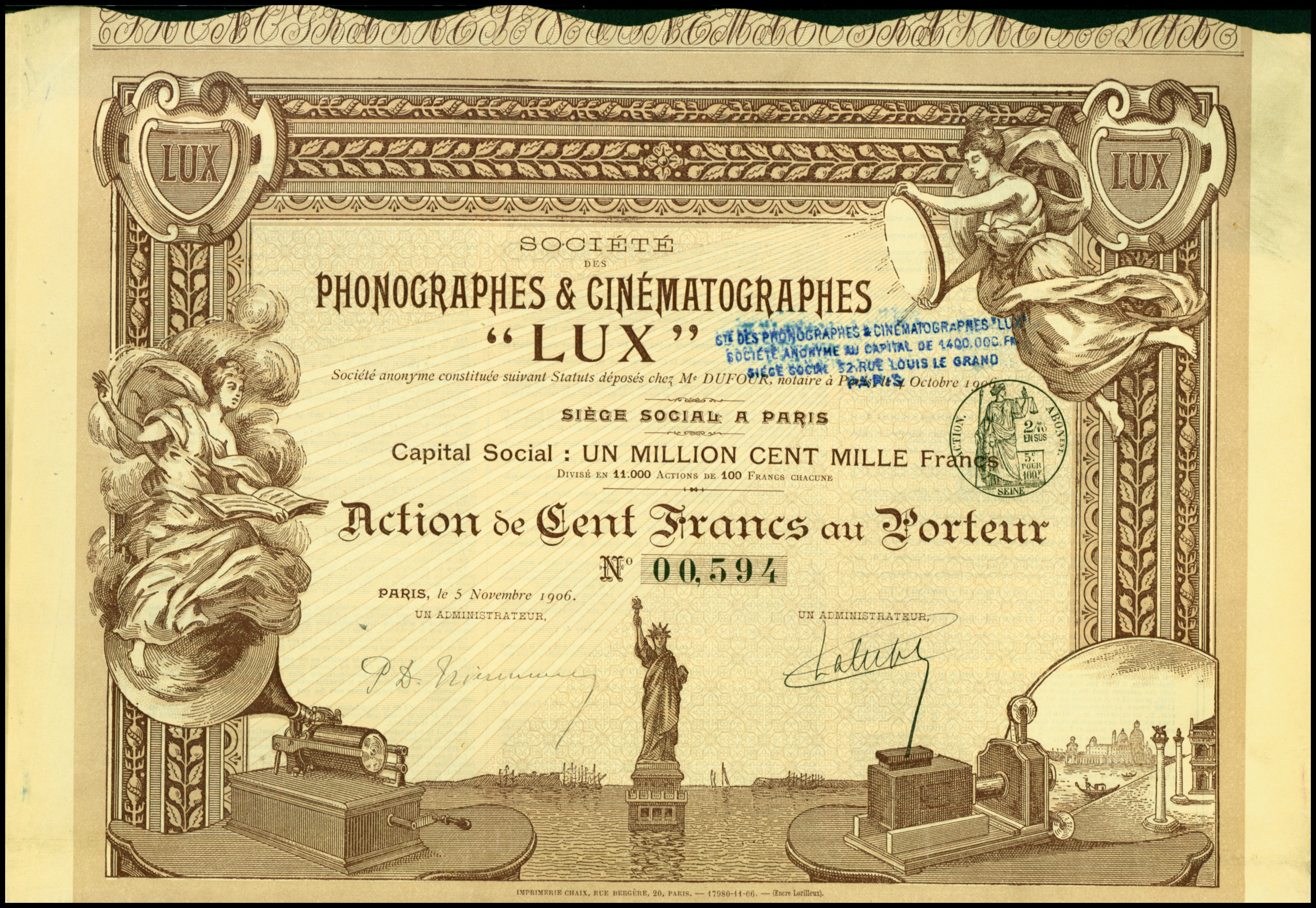  Share of the Société des Phonographes et Cinématographes Lux, issued 5. November 1906