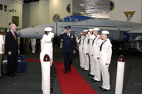 File:US Navy 050801-F-0000A-001 Chairman of the Joint Chiefs of Staff, Gen. Richard B. Myers spoke at a change of command ceremony for U.S. Navy Adm. Edmund P. Giambastiani Jr., after being piped through the side-boys.jpg