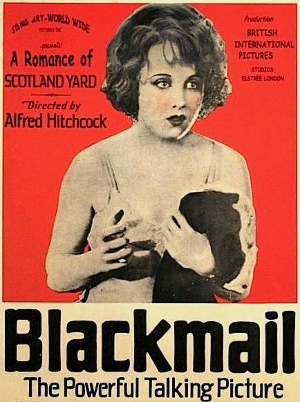 U.S. moviehouse window card for the motion picture Blackmail (1929), directed by Alfred Hitchcock, featuring star Anny Ondra