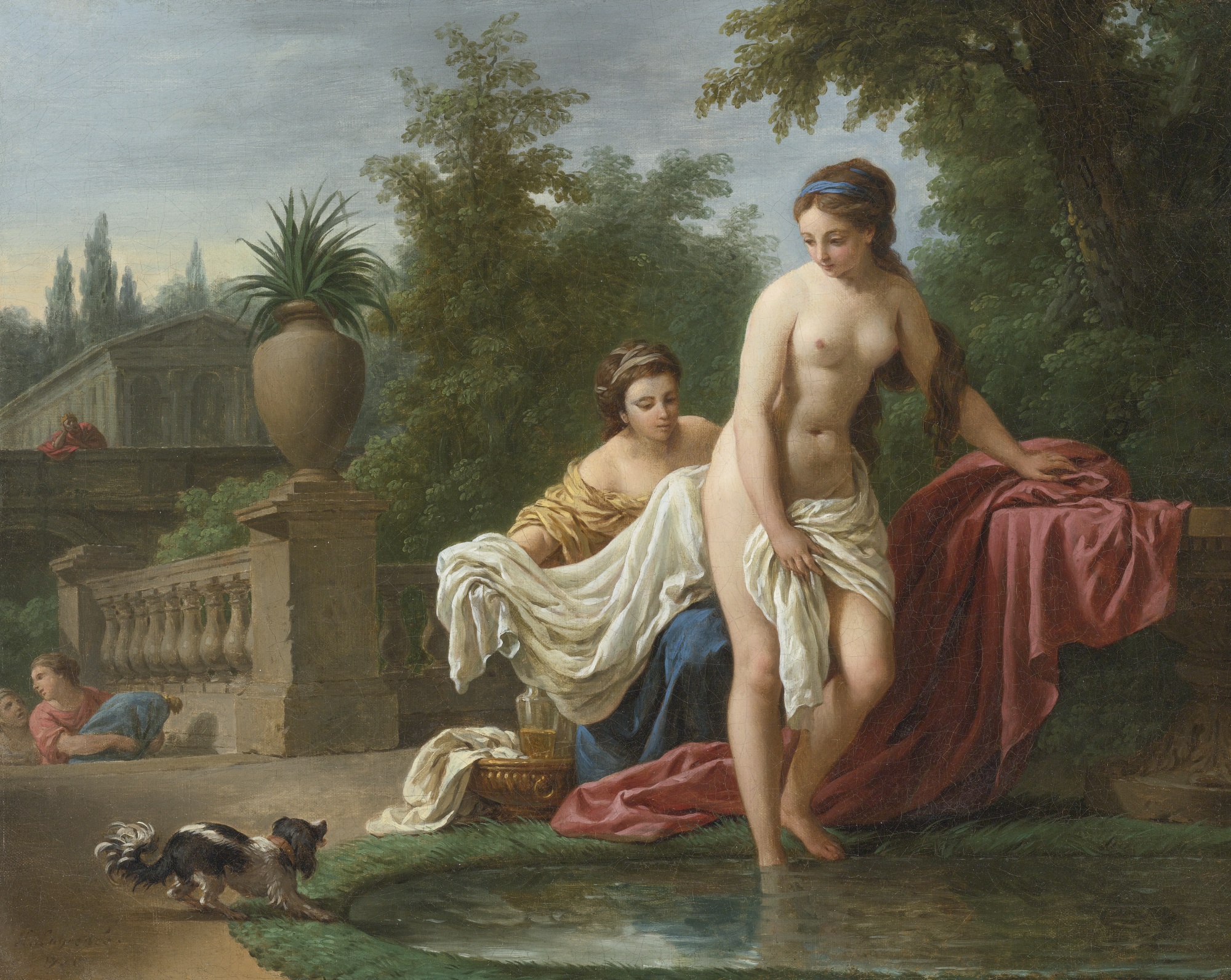 Davide guarda Betsabea che fa il bagno. Louis-Jean-François Lagrenée, Public domain, via Wikimedia Commons