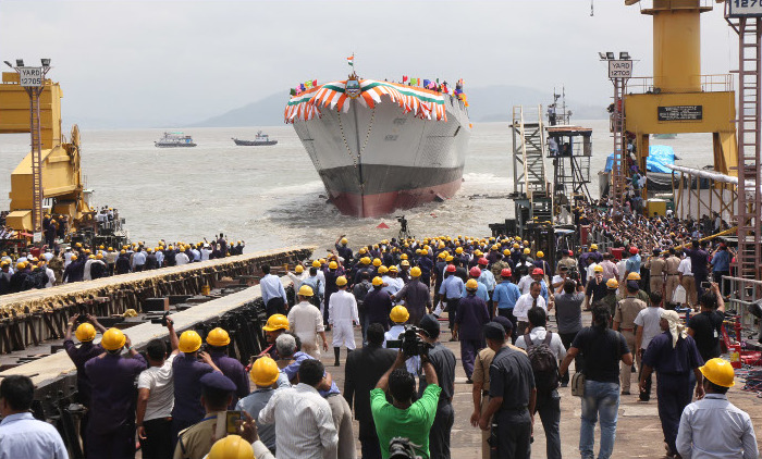 File:INS Mormugao floats on her own post launch.jpg