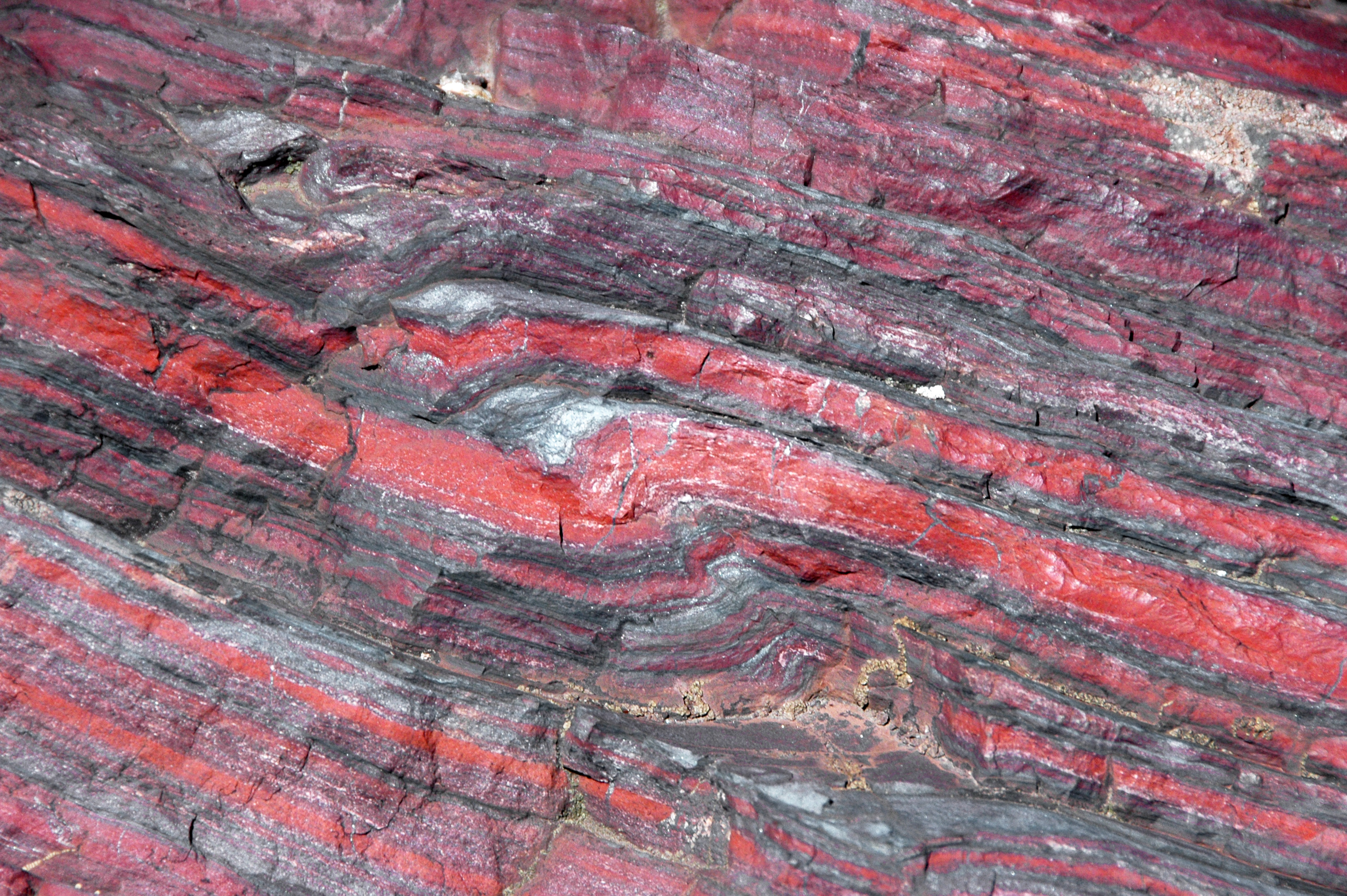 Esempio di Banded Iron Formation. Le lamine scure sono ossidi di ferro, principalmente ematite, mentre le lamine rosse sono minerali silicei, come il diaspro, contenenti ferro in varie concentrazioni.