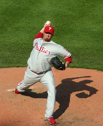 Myers pitching for the Phillies