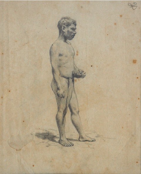 File:'Man with Loin Cloth and Rock', drawing by D. Howard Hitchcock, Cedar Street Galleries.jpg