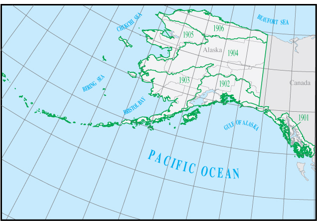 The Alaska region, with its six 4-digit subregion hydrologic unit boundaries. HUC19.jpg