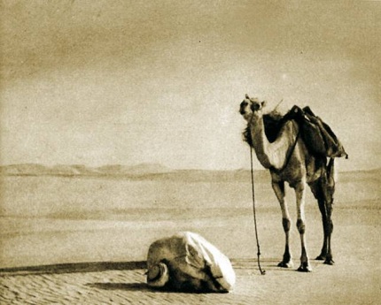 A 1930s photograph of a desert traveler seeking the assistance of Allah the Merciful, the Compassionate
