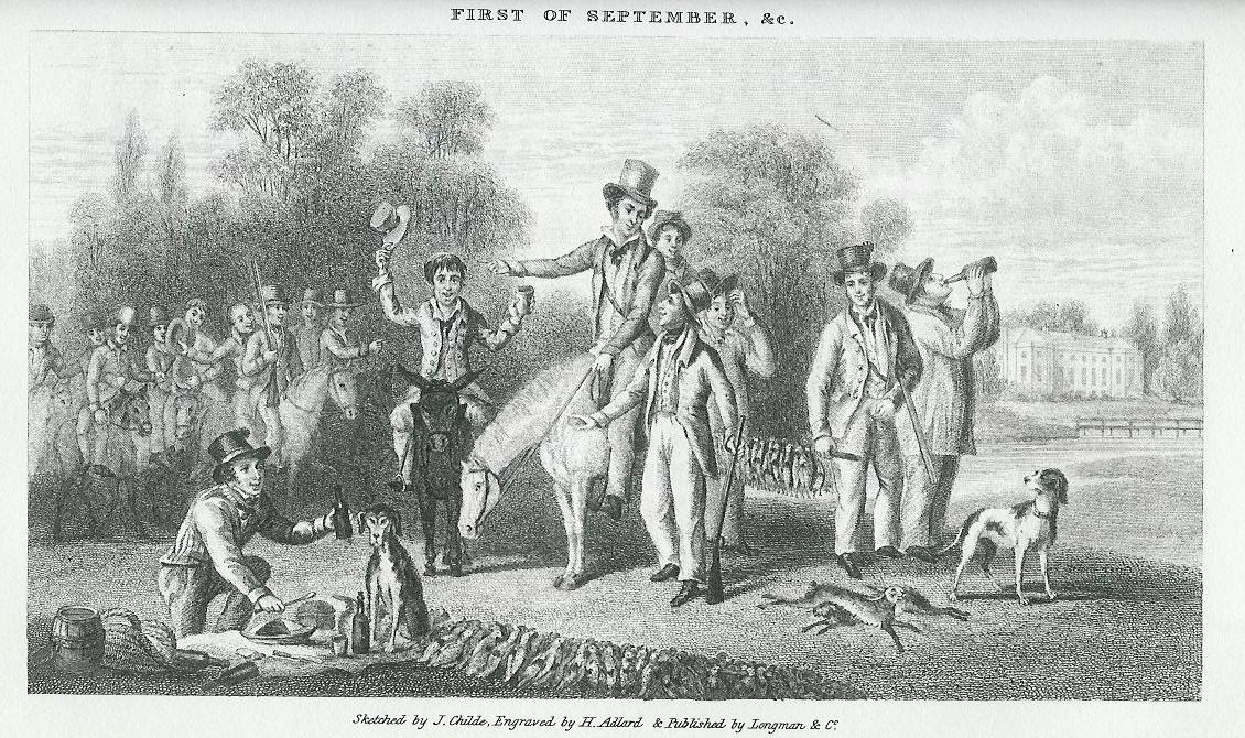 Joe Manton (stood foreground) talking to Colonel [[Peter Hawker]], 1 September 1827.