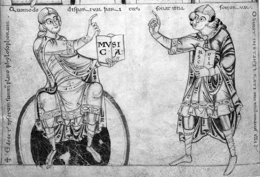 Plato (left) and Nicomachus (right), as inventors of music, from a 12th-century manuscript