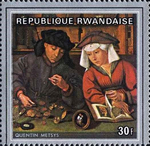 File:Quentin Metsys, The Moneylender and his Wife, 1514 on 1969 stamp of Rwanda.jpg