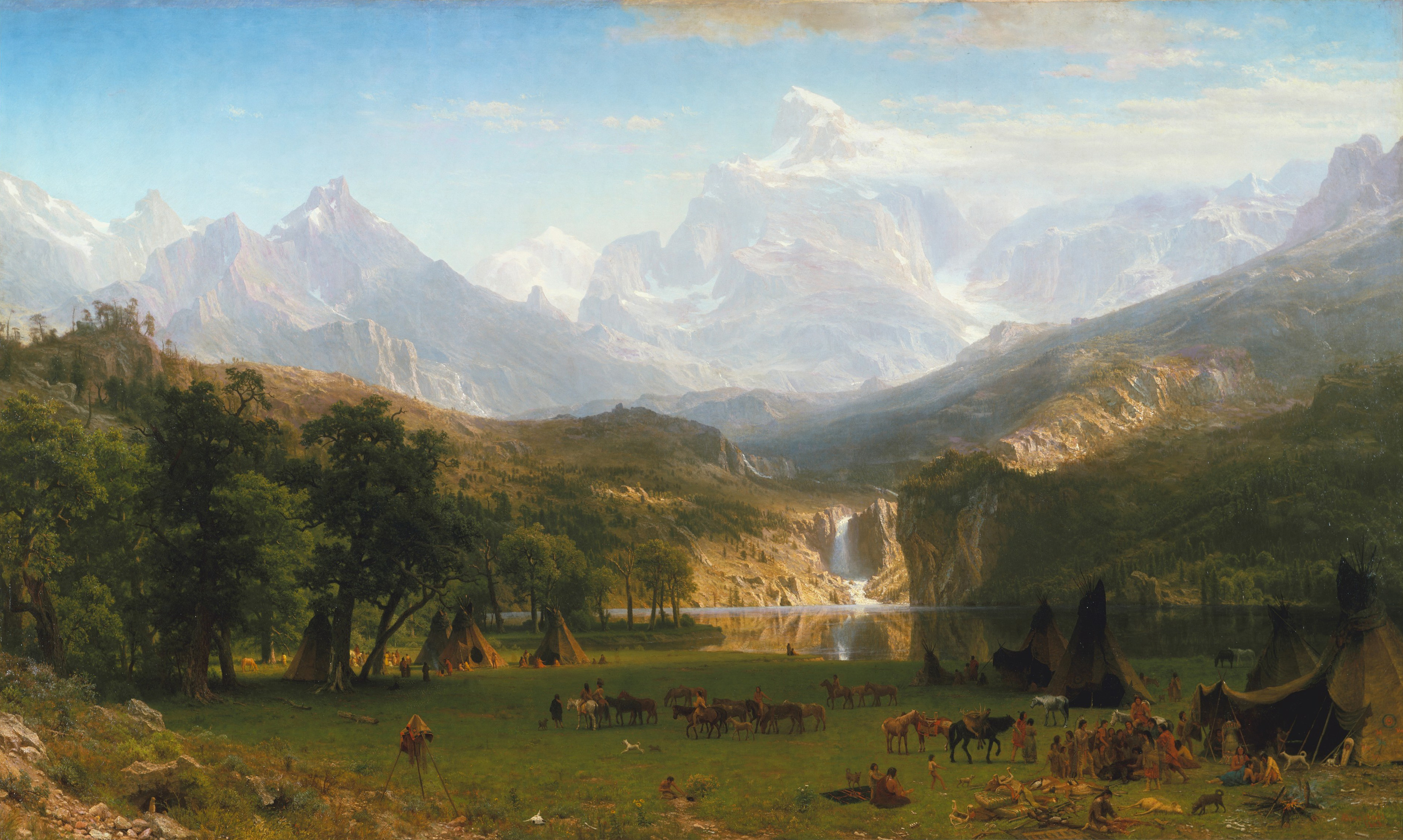 A painting showing a mountain, lake and forest