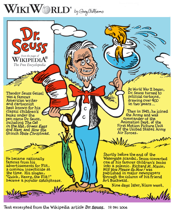 Example of a modern cartoon. The text was excerpted by cartoonist Greg Williams from the Wikipedia article on Dr. Seuss.