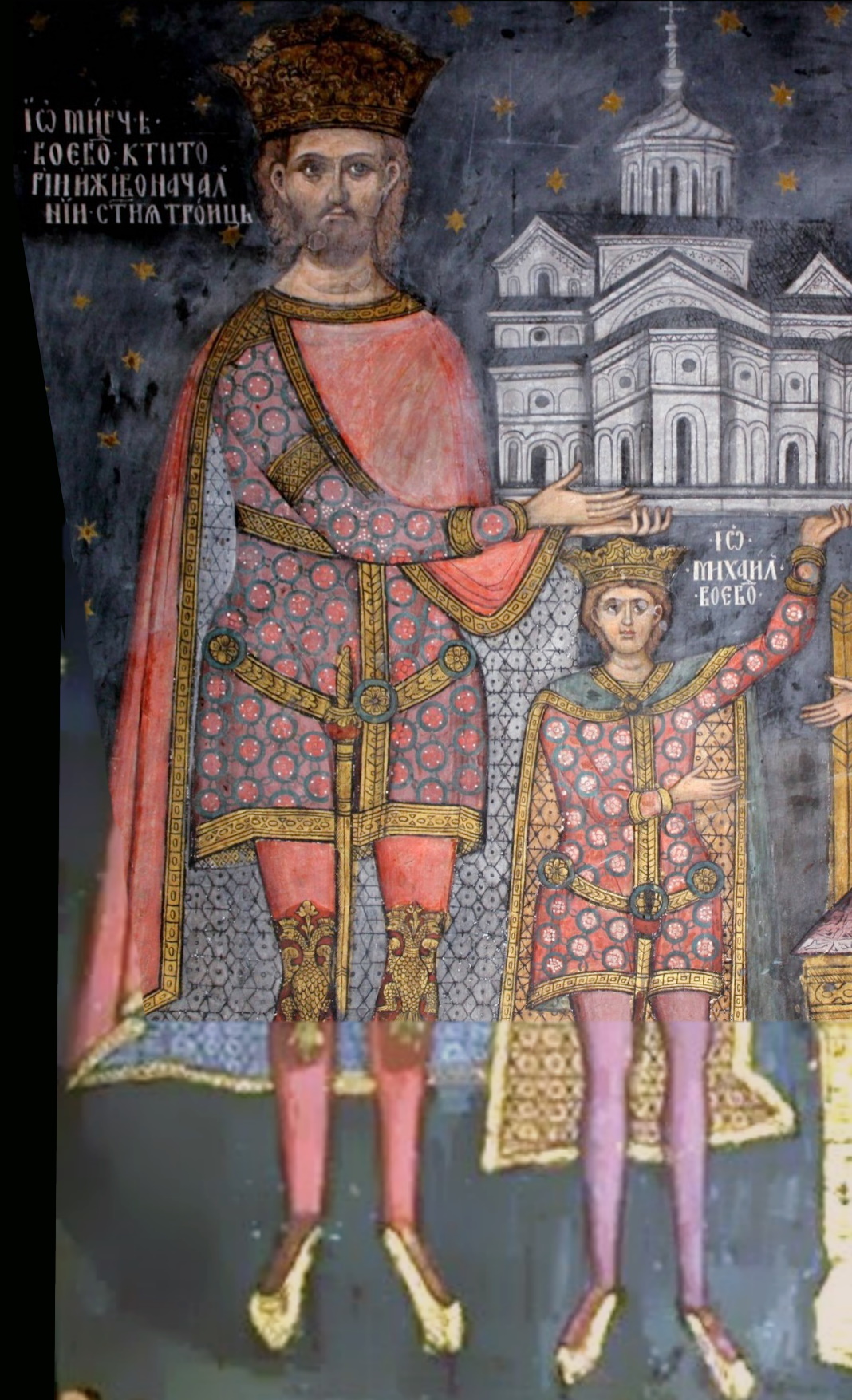 Maria's husband, Mircea I of Wallachia, and their son, Michael I of Wallachia, depicted on an 18th-century icon in the Cozia Monastery Mircea and Mihail.jpg