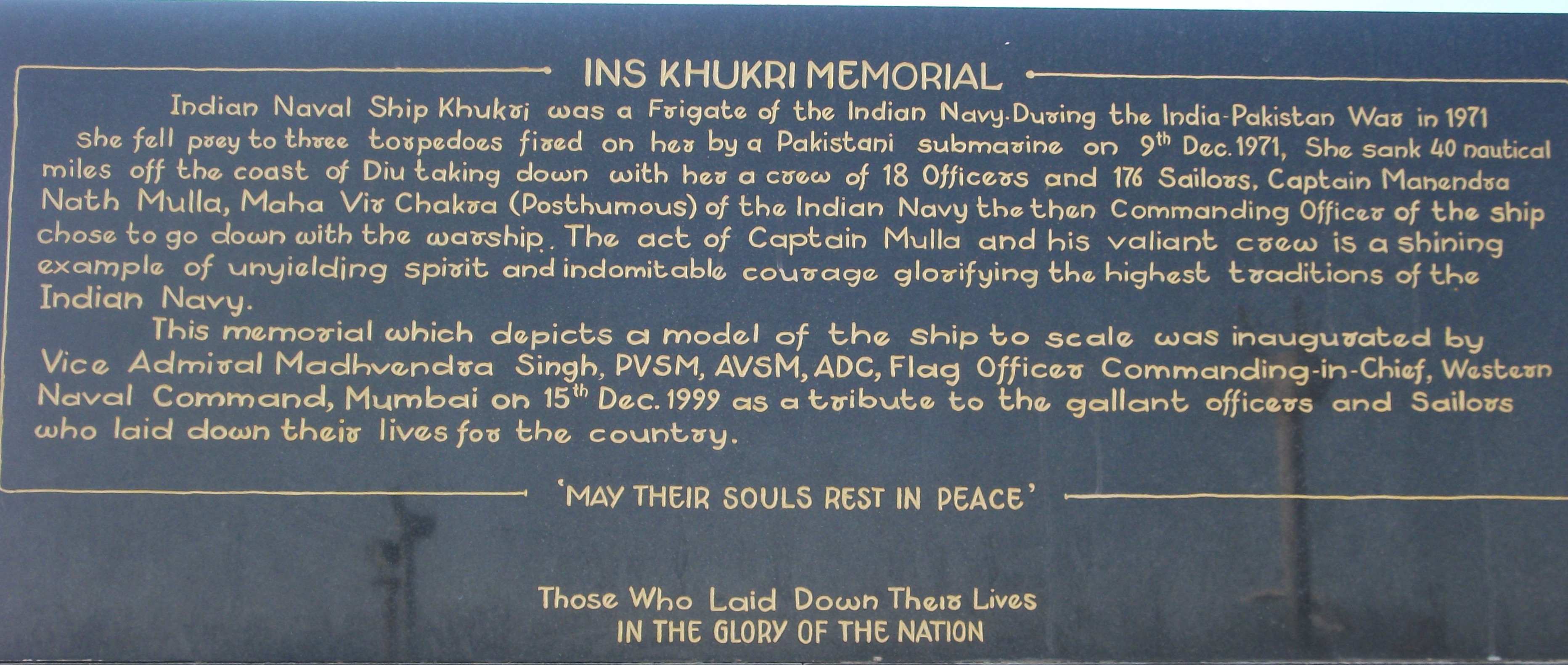 File:Engraved stone about INS Khukri at the ship's memorial.jpg - Wikimedia Commons