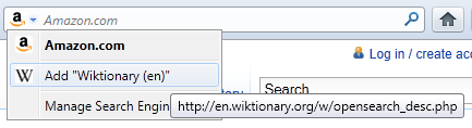 Opensearch behavior in Firefox. The tooltip shows the URL of the description file.