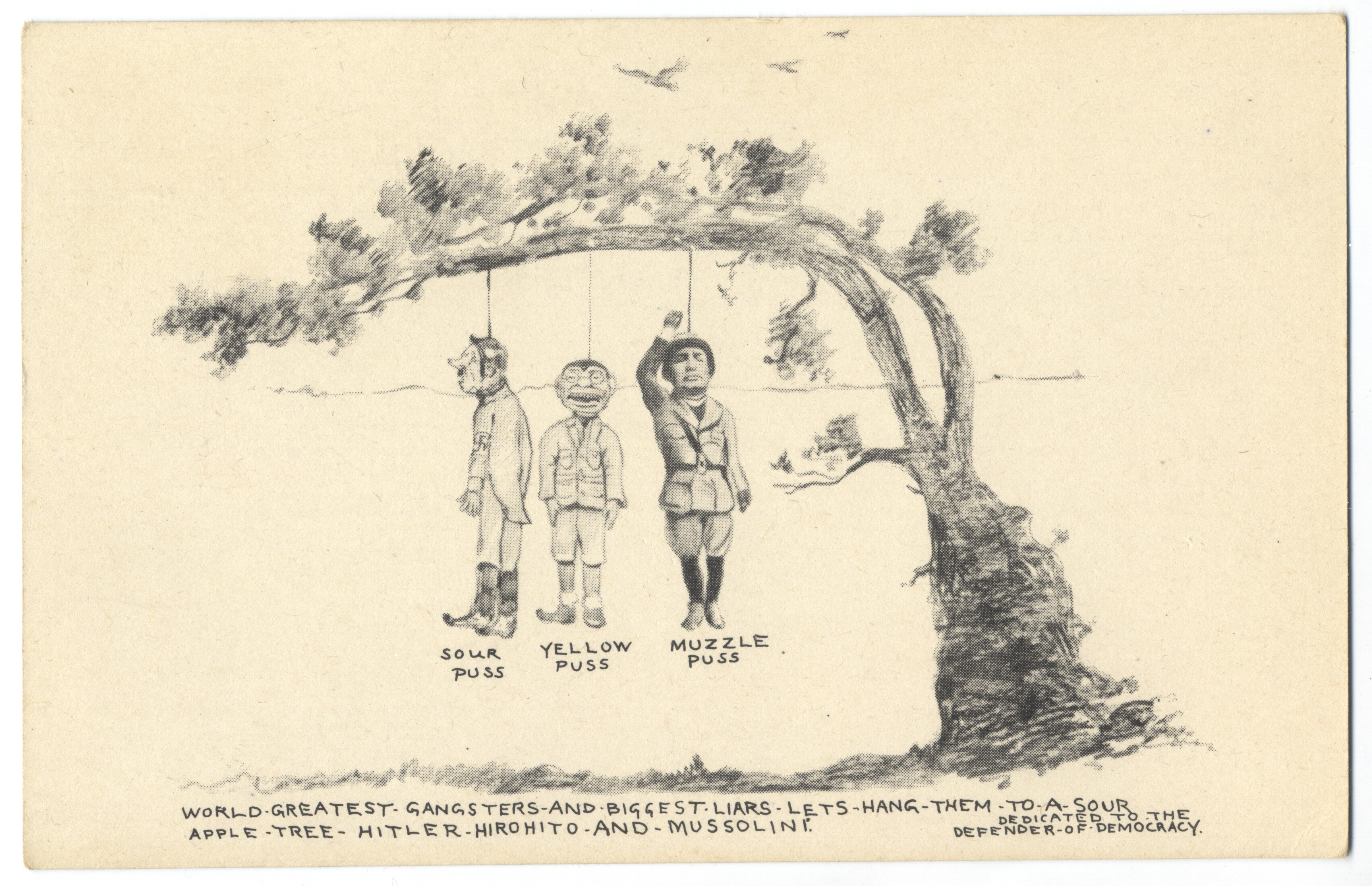 Sketched drawing of three figures hanging from tree, including Hitler (named as Sour Puss), Hirohito (named as Yellow Puss), and Mussolini (named as Muzzle Puss)