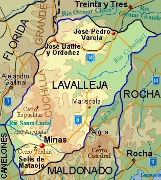 Topographic map of Lavalleja Department showing main populated places and roads