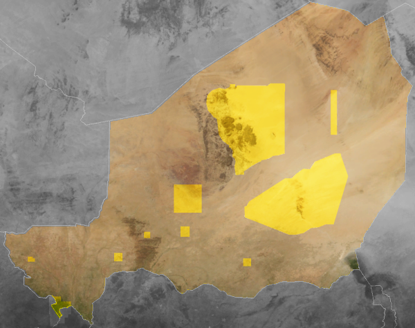 Niger's national parks and protected areas (yellow) Niger protected areas parks 2005.png