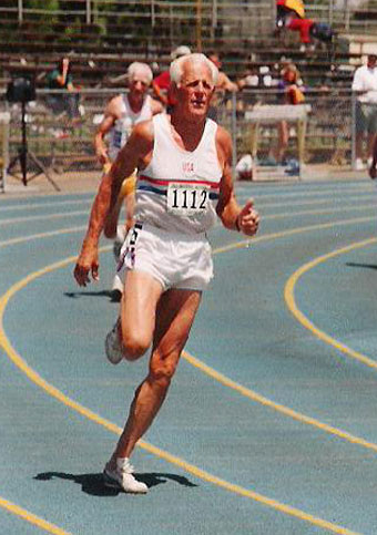 Former U.S. Olympic coach Payton Jordan of California sets a world record (30.89 seconds) in the M80 age group in the 200-meter dash at the USATF National Masters Championships in 1997 in San Jose, California.