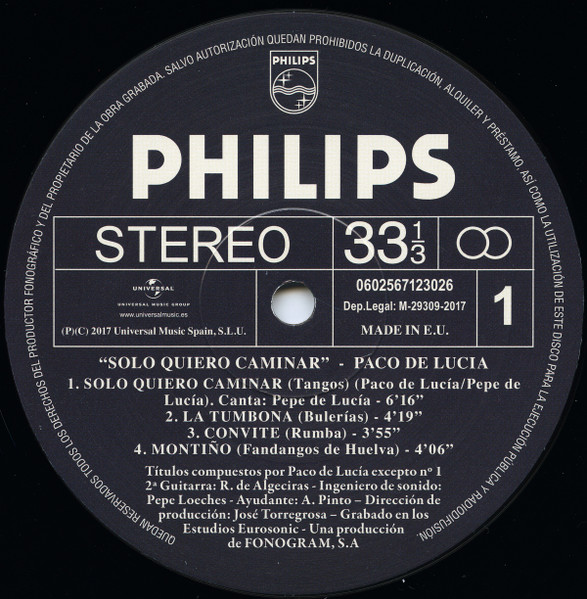 File:"Solo Quiero Caminar" by Paco de Lucia; Side 1 label of the Philips LP release.jpg