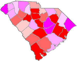 1874 South Carolina gubernatorial election map, by percentile by county.
.mw-parser-output .legend{page-break-inside:avoid;break-inside:avoid-column}.mw-parser-output .legend-color{display:inline-block;min-width:1.25em;height:1.25em;line-height:1.25;margin:1px 0;text-align:center;border:1px solid black;background-color:transparent;color:black}.mw-parser-output .legend-text{}
65+% won by Chamberlain
60%-64% won by Chamberlain
55%-59% won by Chamberlain
50%-54% won by Chamberlain
50%-54% won by Green
55%-59% won by Green
60%-64% won by Green
65+% won by Green 1874SCGovResults.png