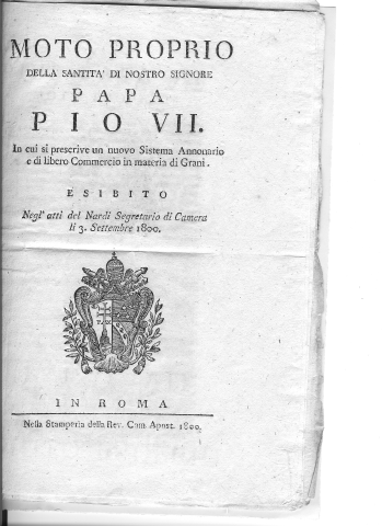 Moto proprio di Papa Pio VII sul commercio dei grani