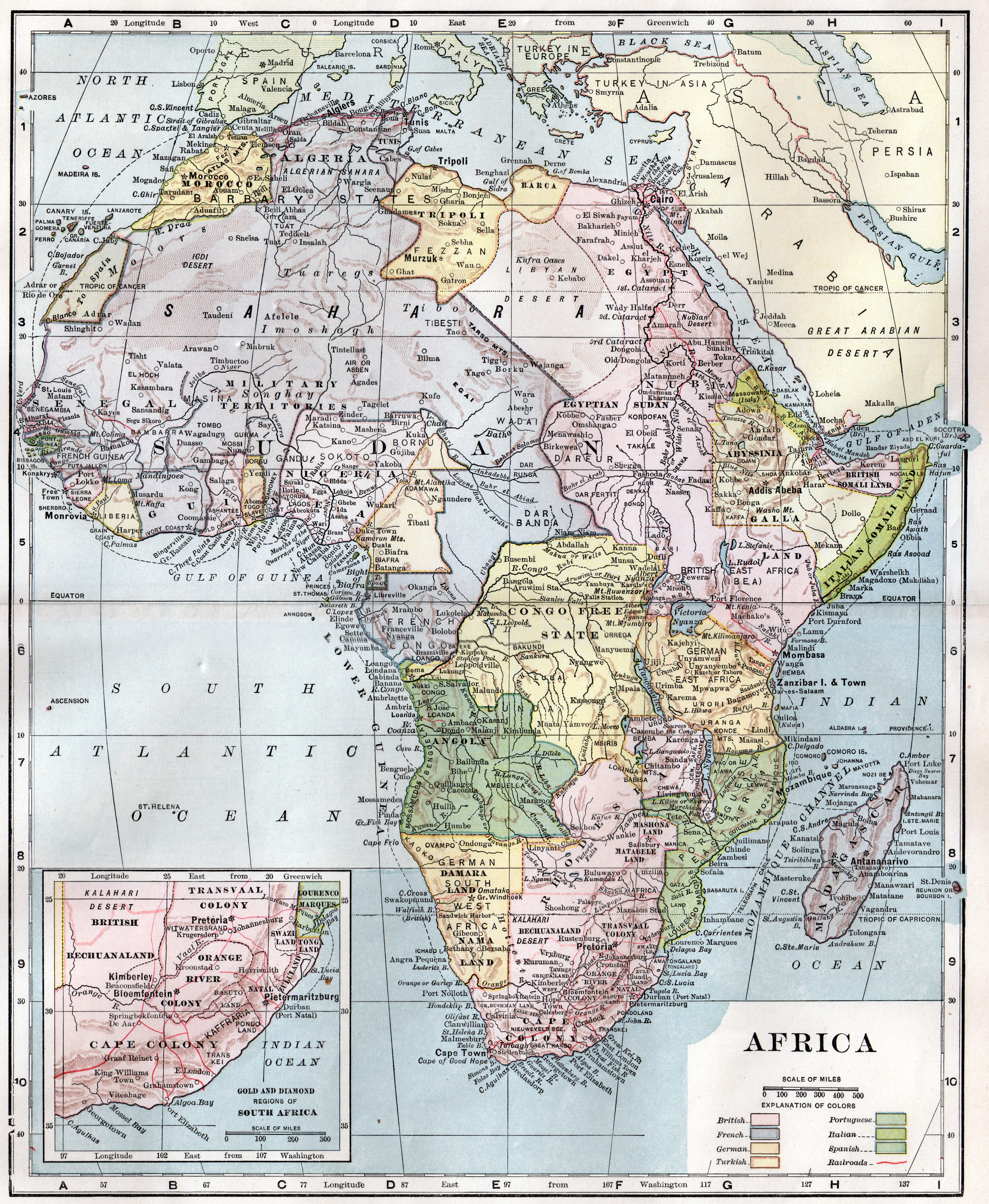 This is a map of Africa showing British, French, Turkish, Italian, German, and Portguese territories in the early twentieth century. .