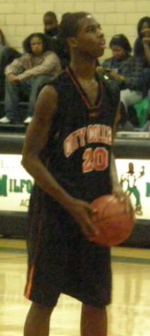 Former City College forward C. J. Fair prepares for a free throw during a game in 2008. Fair later became an All-Atlantic Coast Conference and All-American player for the Syracuse Orange. City College guard CJ Fair preps for free throw, Jan 2008.jpg