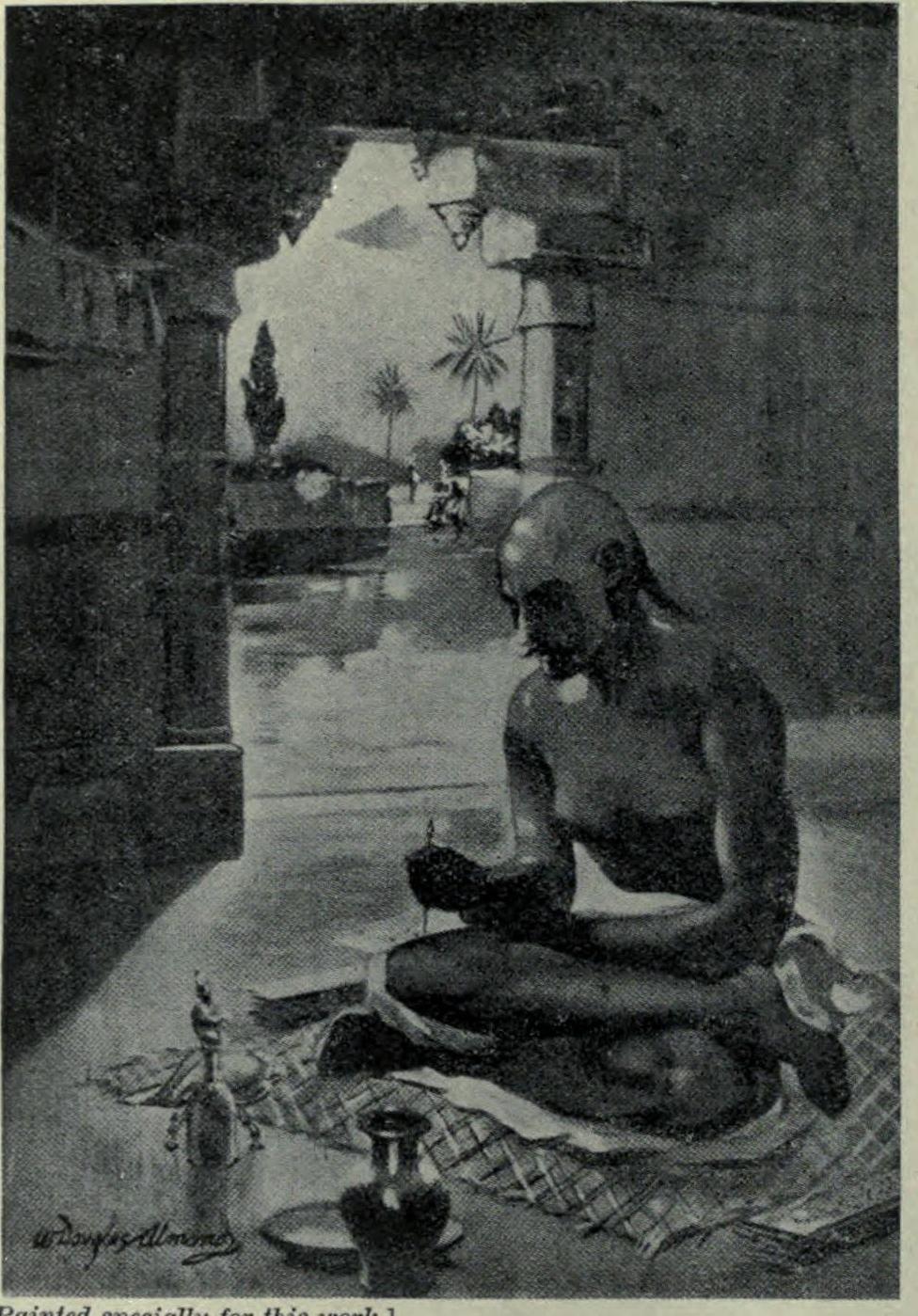 A 20th-century [[artist's impression]] of Kālidāsa composing the ''[[Meghadūta]]''