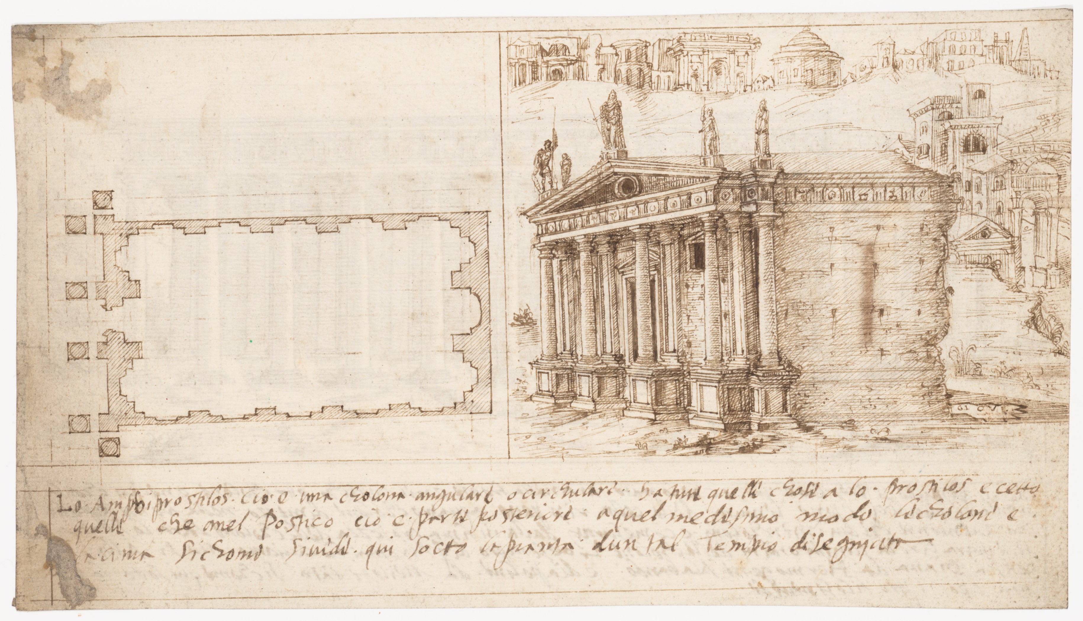 Disegno di una struttura architettonica romana sulla pagina destra, nel libro terzo di De architectura