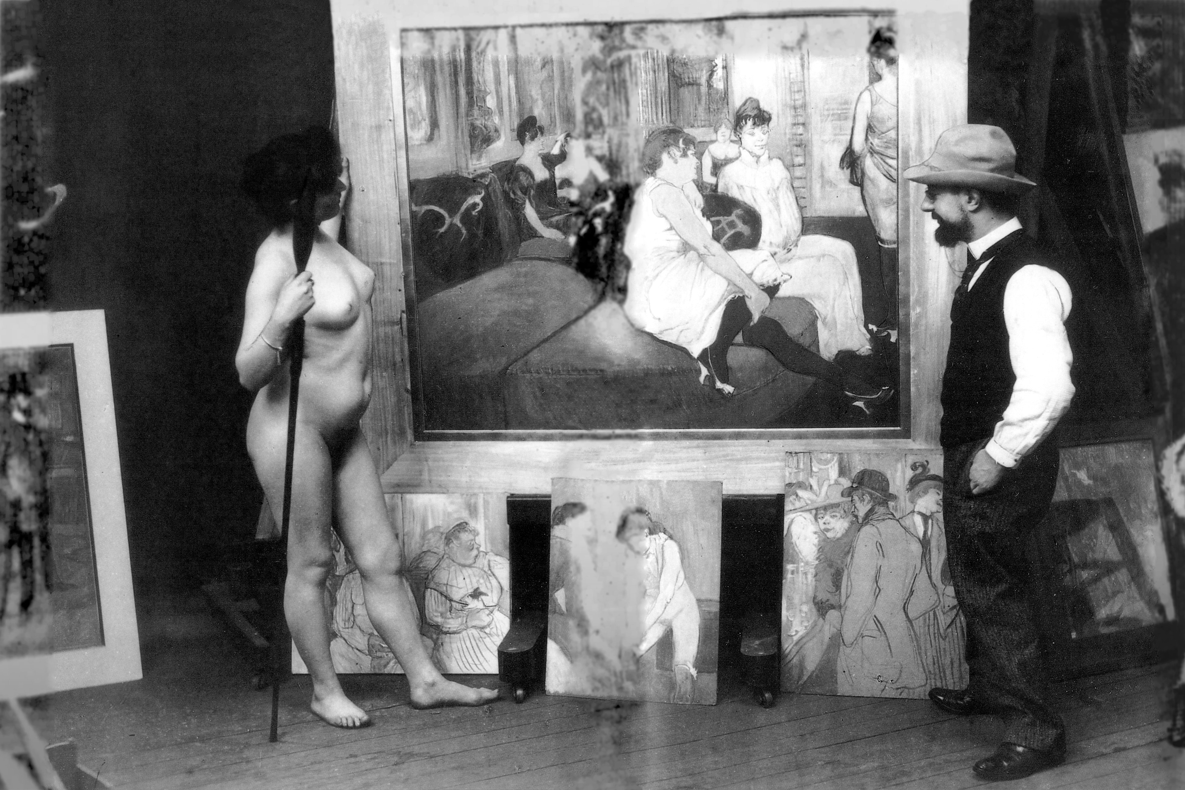 Toulouse-Lautrec en su atelier, con una modelo (1895). Fotografía de [[Maurice Guibert