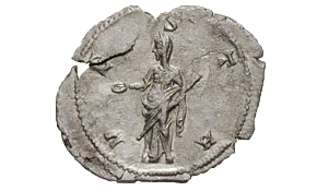 Vesta holding a patera and scepter on the reverse of an antoninianus (ca. 253 AD)